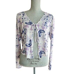 Y2K Arizona Jeans Mesh Flared Sleeve Purple Butterfly Print Top Open Front Large